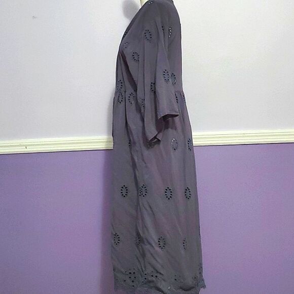 Blue Gray Boho Romantic Eyelet Fitted Waist Longline Duster Cardigan - Picture 6 of 11